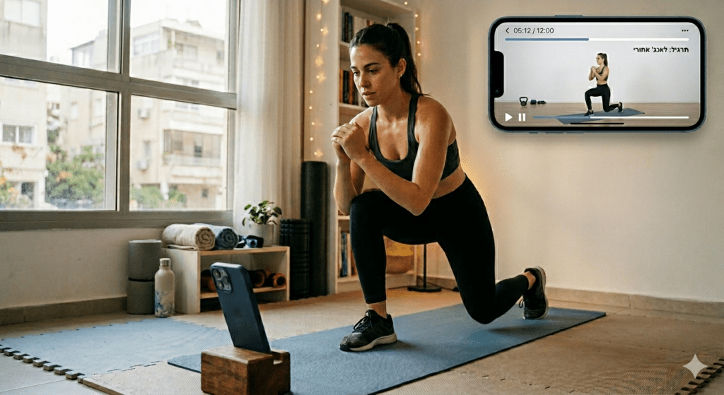 woman doing lunges at home following an online fitness training session